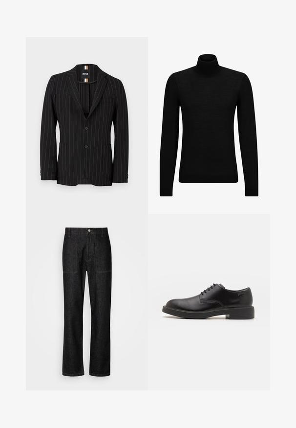 Czarny marynarka w prążki z dwoma guzikami, szpiczastymi klapami, bocznymi kieszeniami i subtelną fakturą. Podszewka z kontrastową metką.; Czarny sweter z golfem wykonany z miękkiego materiału, z długimi rękawami i dopasowanym krojem. Żebrowane wykończenie na dolnym brzegu i mankietach. Prosty design.; Czarne dżinsowe spodnie z prostą nogawką, widocznym przeszyciem i zapięciem na guziki z przodu. Zawierają dwie kieszenie boczne oraz dwie kieszenie z tyłu.; Czarny skórzany but za kostkę z okrągłym noskiem, gładką fakturą, minimalnym przeszyciem i niskim gumowym obcasem. Logo na pięcie.