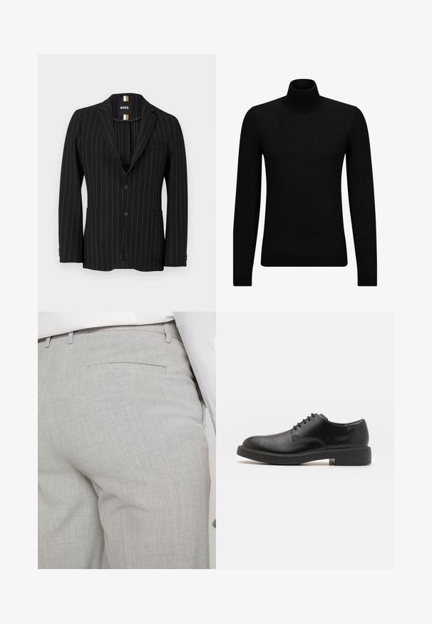 Czarny marynarka w prążki z dwoma guzikami, szpiczastymi klapami, bocznymi kieszeniami i subtelną fakturą. Podszewka z kontrastową metką.; Czarny sweter z golfem wykonany z miękkiego materiału, z długimi rękawami i dopasowanym krojem. Żebrowane wykończenie na dolnym brzegu i mankietach. Prosty design.; Jasnoszare, dopasowane spodnie wykonane z fakturowanej tkaniny, z pojedynczą tylną kieszenią i starannym przeszyciem.; Czarny skórzany but za kostkę z okrągłym noskiem, gładką fakturą, minimalnym przeszyciem i niskim gumowym obcasem. Logo na pięcie.
