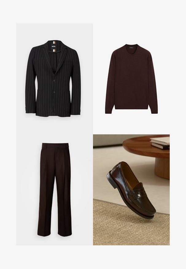 Black pinstriped blazer with two buttons, peaked lapels, side pockets, and a subtle texture. Lined interior features a contrasting label.; Burgundy sweater with a round neckline, long sleeves, and ribbed cuffs and hem, made from soft, textured fabric.; Brown tailored trousers with a straight leg design, featuring a front pleat, smooth texture, and a classic waistband. Suitable for formal wear.; Brown leather loafers with a glossy finish, featuring a stitched detail across the front and a low-profile black rubber sole.