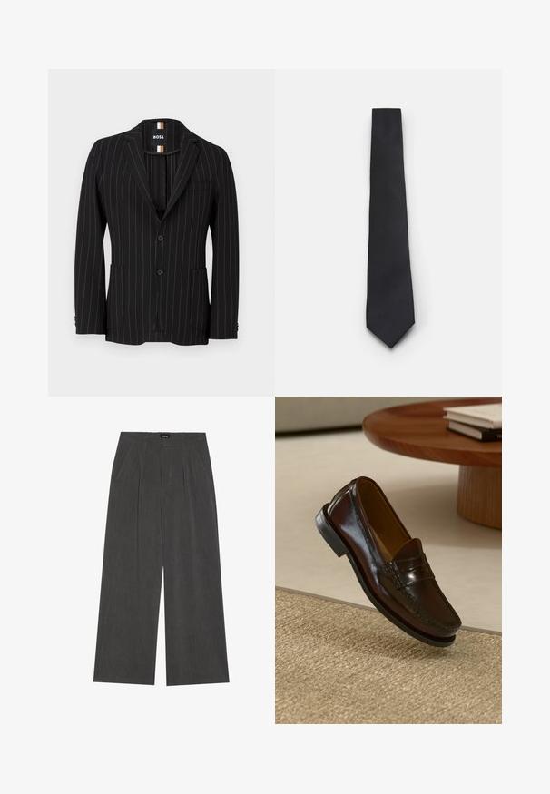 Juodas švarkas su smulkia juostele, dviejų mygtukų, su smailiais atlapais, šoninėmis kišenėmis ir subtilia tekstūra. Pamušalą puošia kontrastingas etiketė.; Balta marškiniai su ilgomis rankovėmis, pagaminti iš lygaus medvilnės audinio, su klasikiniu apykaklės dizainu ir subtiliu blizgesiu. Penki mygtukai priekyje.; Plati kojinės tamsiai pilkos medžiagos, su raukiniais priekyje, dviem šoninėmis kišenėmis ir plokščiu juosmeniu. Lygus tekstūra ir pritaikyta išvaizda.; Rudi odiniai loaferiai su blizgiu paviršiumi, su siuvinėjimu priekyje ir žemu juodu guminiu padu.; Siaurukas juodas kaklaraištis su tekstūruota, įstrižine briaunų struktūra. Turėdamas smailą galą ir lygų paviršių. Tinka oficialiam apsirengimui.