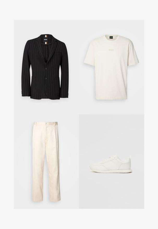 Črn blazer s pajkicami, dvema gumboma, izrezanim ovratnikom, stranskima žepoma in subtilno teksturo. Podložena notranjost ima kontrastno oznako.; BOSS TEE - Navadna majica - open white; Bež cottone hlače s ravnim krojem, ki imajo gumbasto zapiranje in nabore spredaj za dodatne detajle.; Bela tenisa z mrežasto in sintetično zgornjo plastjo, okroglo oblikovano prstno območje, ravne vezalke in teksturirana stranska črta. Gumijast podplat z zanko na hrbtni strani.