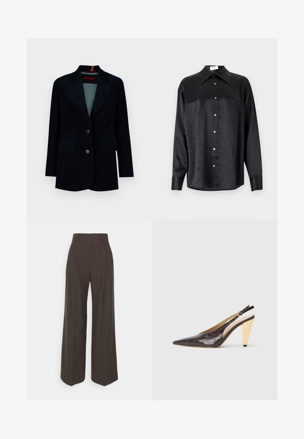 Jūras spēku krāsas korduroja žakete ar izgrieztiem atlokiem, diviem priekšējiem kabatām un dubulto pogu aizdari. Tekstūrēts audums ar vertikālu ribošanu.; Melnas garām piedurknēm krekls ar apdari, kas piedāvā samocītu tekstūru, pilnu pogu priekšpusi un aproces. Izgatavots no gludas auduma.; Tumši brūni platajiem galiem bikses ar augstu jostasvietu, kas pieejamas ar uzmanīgi presētām krokām, gludu tekstūru un pielāgotu piegriezumu.; Garinātā pīsma zole ar atvērtiem papēžiem, tumši brūnā spīdīgā mākslīgā krokodila ādā. Iezīmējas ar zelta krāsas ģeometrisku papēdi un regulējamu potītes jostu.