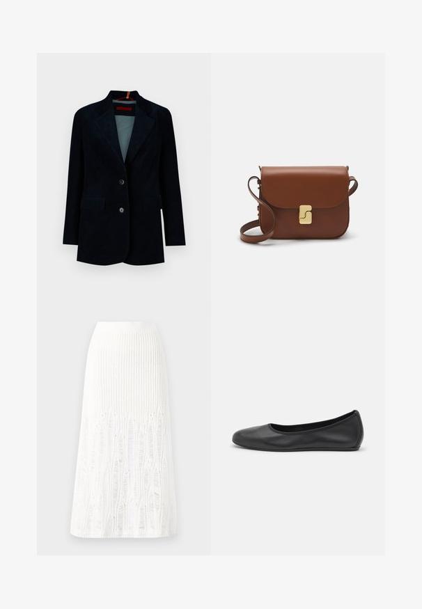 Jūrinė švelniakorda blazeris su iškirpte, dviem priekinėm kišenėm ir dvigubu mygtukų uždarymu. Tekstūruotas audinys su vertikaliu brūkšniavimu.; Balta trumpa rankovėmis marškinėliai, pagaminti iš pasiruošusio audinio. Apvali iškirptė, reguliari tinkamumas ir subtilūs siuvimo detalės. Be raštų ar grafikos.; Balta megzta midi sijoninė su tekstūruotu raštu, vertikaliomis linijomis ir išpjovomis arti apatinės dalies. Elastinga juostos dalis. Minkšta medžiaga.; Juodai odiniai baletai su apvaliu pirštu, lygi texture, minimalus siuvimo detales ir lanksčiu padų dizainu.; Ruda odinė rankinė su uždaromu dangteliu, aukso spalvos detalėmis, petneša ir lygiu paviršiumi. Kompaktiška stačiakampio formos.