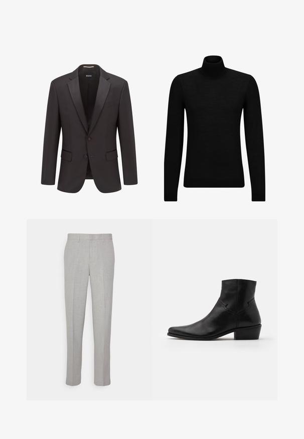 Giacca da smoking nera con revers in raso, chiusura con un solo bottone, due tasche frontali e una texture sottile. L'etichetta riporta "BOSS".; Maglione a collo alto nero realizzato in materiale morbido, con maniche lunghe e vestibilità aderente. Bordo a coste all'orlo e ai polsini. Design semplice.; Pantaloni grigi chiari con una texture liscia, frontale piatto e gambe dritte. Realizzati in tessuto traspirante, dotati di tasche interne e passanti per cintura.; Stivaletto in pelle nera con punte affusolate, dettagli di cucitura minimi, tacco a blocco di altezza media e finitura liscia e lucida.
