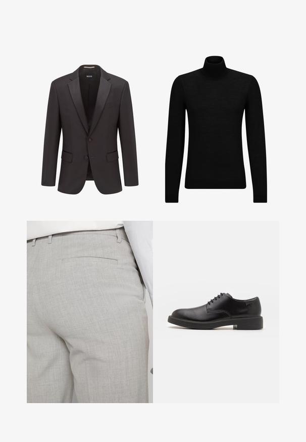 Chaqueta de esmoquin negra con solapas de satén, cierre de un solo botón, dos bolsillos frontales y una textura sutil. La etiqueta dice "BOSS".; Jersey de cuello alto negro hecho de un material suave, con mangas largas y un ajuste ceñido. Ribete acanalado en el dobladillo y los puños. Diseño simple.; Pantalones grises claros a medida hechos de tela texturizada, con un solo bolsillo trasero y costuras limpias.; Zapato negro de cuero con cordones, punta redondeada, textura suave, costuras mínimas y tacón bajo de goma. Logo en el tacón.