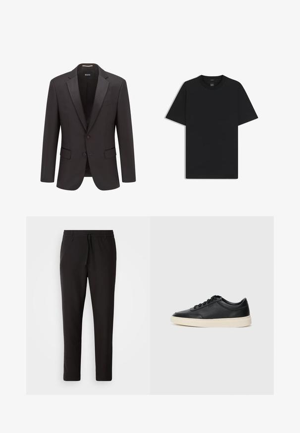 Giacca da smoking nera con revers in raso, chiusura con un solo bottone, due tasche frontali e una texture sottile. L'etichetta riporta "BOSS".; Maglietta nera a maniche corte realizzata in un morbido misto cotone, con scollatura a girocollo e un design minimalista senza motivi o dettagli.; Pantaloni jogger neri realizzati in tessuto liscio. Presentano una vita elasticizzata con stringa, gambe affusolate e senza tasche visibili. Design semplice.; Sneaker in pelle nera a basso profilo con lacci neri e suola avorio, mostrato di profilo su sfondo bianco.