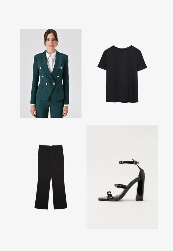 Turkusowa dwurzędowa marynarka z złotymi guzikami, z wyłogami i dwiema kieszeniami z przodu. Połączona z białą koszulą z guzikami pod spodem.; Prosta, krótko rękawowa czarna koszulka bawełniana z okrągłym dekoltem, prezentowana na białym tle.; Czarne spodnie o prostym kroju, z przednimi kieszeniami i bocznymi rozcięciami na dole. Wykonane z miękkiego, gładkiego materiału. Odpowiednie na różne okazje.; Czarne lakierowane sandały na wysokim obcasie, z dwoma paskami zapinanymi na klamry, kwadratowy nosek i masywny obcas typu słupek, o gładkiej, błyszczącej fakturze.