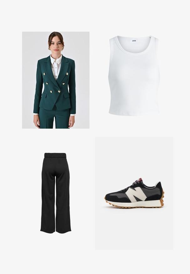 Turkusowa dwurzędowa marynarka z złotymi guzikami, z wyłogami i dwiema kieszeniami z przodu. Połączona z białą koszulą z guzikami pod spodem.; Biały prążkowany top na ramiączkach z okrągłym dekoltem, bez rękawów i skróconej długości. Metka z napisem "JJXX." Gładka faktura materiału.; Czarne, szerokie spodnie z elastycznym pasem, wykonane z gładkiego materiału. Charakteryzują się prostym wzornictwem, bez kieszeni i widocznych szwów.; Czarno-szare zamszowe sneakersy z dużym kremowym logo "N", purpurowymi sznurówkami i teksturowaną gumową podeszwą.