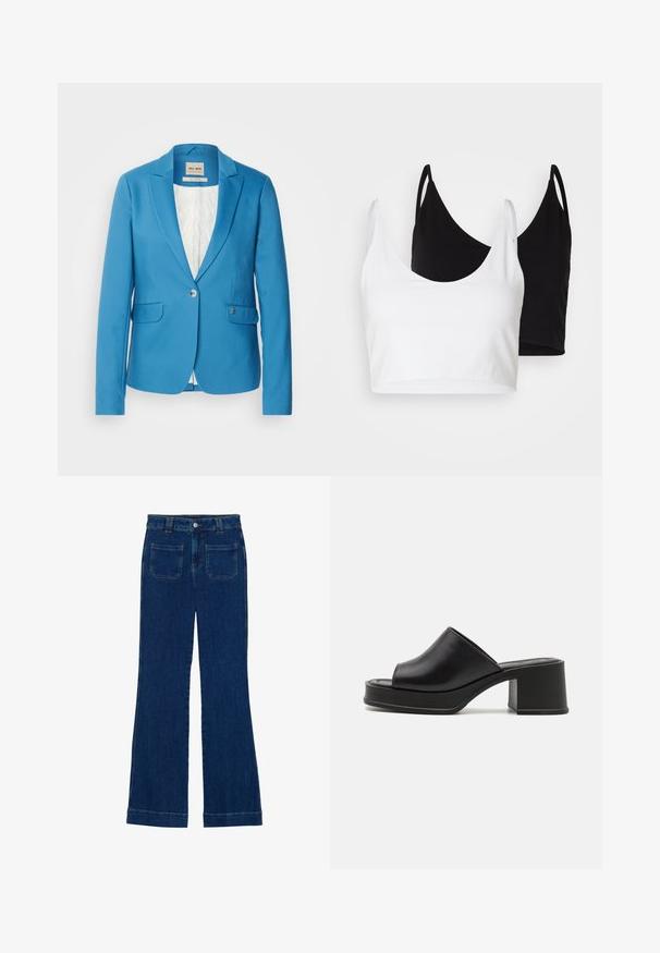 Mos Mosh BLAKE NIGHT - Blazer - bluesteel; Dois tops de algodão em branco e preto. Cada um tem um decote profundo e alças finas, apresentando uma textura suave e macia.; Jeans flare em denim azul escuro com uma textura suave, design de cinco bolsos e fecho de botão na cintura.; Sabots pretos de couro com plataforma, com bico aberto arredondado, salto baixo e textura suave. Design minimalista com linhas elegantes.