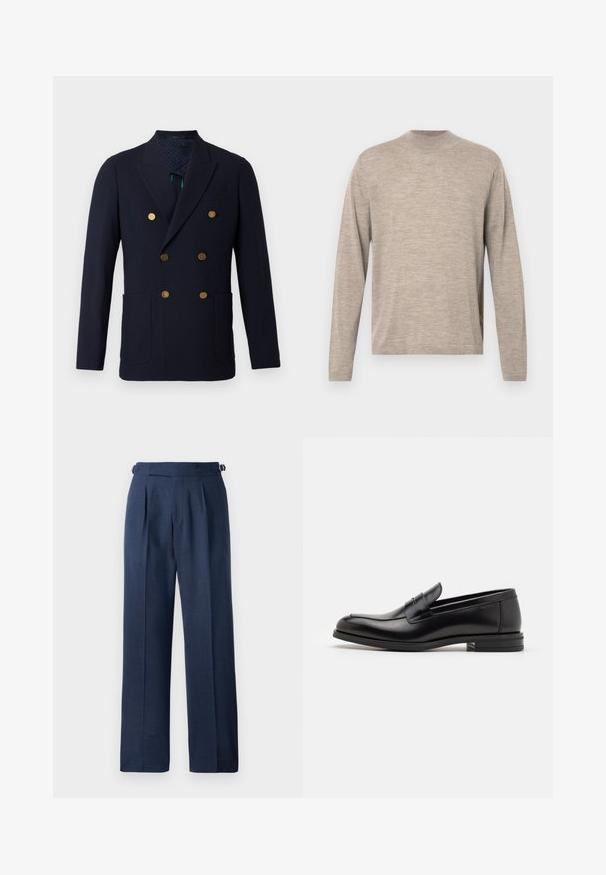 Blazer doppiopetto navy in lana, con bottoni dorati, due tasche frontali e fodera in tessuto a motivo.; Maglione beige chiaro a maniche lunghe con scollatura rotonda, realizzato in un tessuto morbido, caratterizzato da una vestibilità morbida e una texture sottile. Senza pattern o accenti.; Pantaloni su misura blu navy, realizzati in tessuto texturizzato, con vita alta, pinces e cinturini laterali regolabili per una vestibilità perfetta.; Mocassini neri in pelle con una texture liscia, punta arrotondata e una striscia decorativa sulla tomaia. Tacco basso impilato, design minimalista.