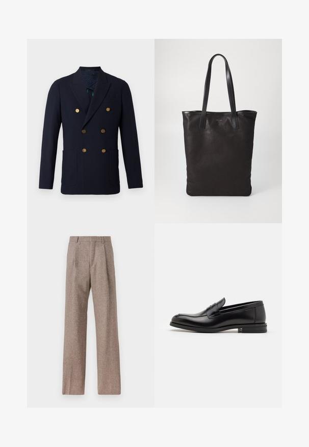 Mornarsko dvojno zapeto blejzer iz volne, ki ima zlate gumbe, dva sprednja žepa in oblogo iz vzorčaste tkanine.; Bela srajca z ovratnikom, ki ima subtilne navpične črte, dolge rokave, žep na prsih in klasičen zaobljen rob.; Rjave hlače z visokim pasom, izdelane iz teksturirane tkanine. Imajo široke noge in dve sprednji pregibi za strukturo. Urejen zaključek brez vidne strojne opreme.; Črne usnjene loafer čevlje z gladko teksturo, zaobljenim nosom in dekorativnim trakom čez zgornji del. Nizka zložena peta, minimalističen dizajn.; Črna platnena torba s črnimi usnjenimi ročaji. Preprost dizajn, prostorna notranjost in gladka tekstura. Brez vidnih logotipov ali vzorcev.