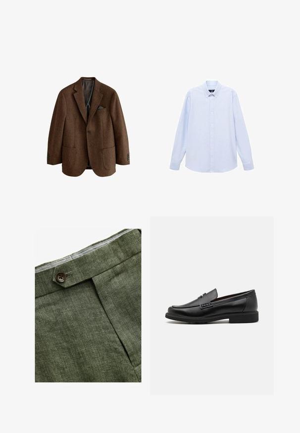 Ruskea tweed-takki, jossa on viistot läpät, kaksi etutaskua ja neljän napin hihahiukset. Vuorattu sisustus taskuliinan yksityiskohdalla.; Vaaleansininen pitkähihainen nappipaita klassisella kauluksella, suora helma ja hienovarainen rakenne. Keskellä nappisuljenta.; Olivinvihreät pellavahousut, joissa on etupleetti, napin kiinnitys ja vyötäröllä erottuva ruudullinen vuori.; Musta keinotekoinen mokka, jossa on korostettu ommeltu etuosa, pehmeä sisäpohja ja litteä kumipohja; tyylikäs muotoilu, jossa on vähäistä yksityiskohtaisuutta.