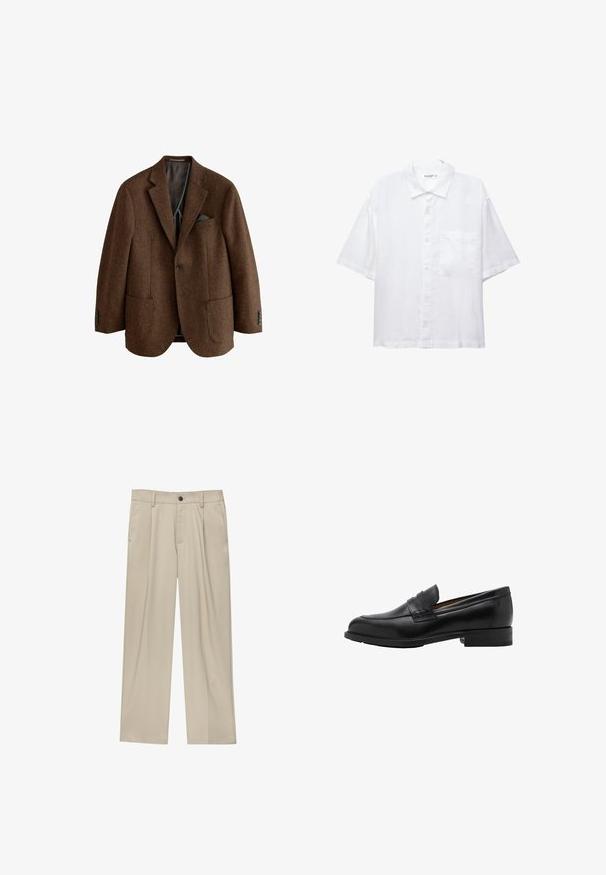 Rjava tvidna jakna z izrezanim ovratnikom, dvema sprednjima žepoma in štirimi gumbi na manšetah. Podložena notranjost z detajlom robca.; Bela kratkosleeve srajca z gumbnim zapiranjem spredaj, ovratnikom in enim žepom na prsih. Narejena je iz lahkega materiala z gladko teksturo.; Bež hlače ravnega kroja, z enim črnim gumbom, zanke za pas in stranskimi žepi. Gladka tekstura tkanine in minimalističen dizajn.; Črne usnjene loaferje z vpisanim sprednjim delom in ravnim peto. Gladka tekstura z okroglo konico in dekorativnim pasom čez zgornji del.