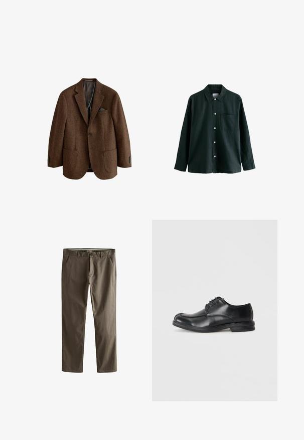 Hnědá tweedová sako s výstřihovým límcem, dvěma předními kapsami a akcenty na manžetách se čtyřmi knoflíky. Podšívka s detailem kapesníčku.; Temně zelená košile na knoflíky s límečkem, dlouhými rukávy a jednou kapsou na prsou; má bílé knoflíky a měkkou texturu.; Hnědé bavlněné chino kalhoty se střihem rovného nohavice, předními kapsami a zapínáním na knoflík. Vyznačují se hladkým povrchem a čistými liniemi.; Černé kožené šněrovací boty s kulatou špičkou, hladkým povrchem a nízkým podpatkem. Mají šití podél svršku a stran.