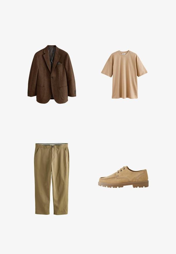 Chaqueta de tweed marrón con solapa muesca, dos bolsillos frontales y acentos de puños con cuatro botones. Interior forrado con detalle de pañuelo de bolsillo.; Camiseta de manga corta color beige, hecha de algodón, con cuello redondo y corte relajado, presenta una textura suave y sin patrones ni acentos.; Chinos caqui fabricados en mezcla de algodón, con dos bolsillos laterales, cierre de botón, piernas rectas y una textura suave.; Zapato de ante marrón claro con cordones, punta redondeada, costuras en contraste y suela de goma gruesa con un patrón de tacos para mayor tracción.