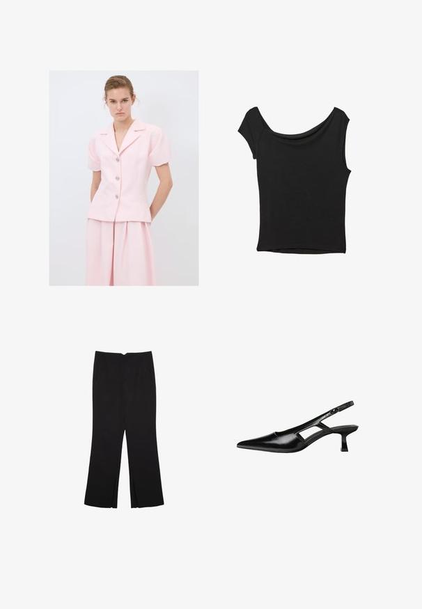 Hellrosa taillierter Blazer mit kurzen Puffärmeln, einem Reverskragen, silbernen Knöpfen und seitlichen Taschen, kombiniert mit passenden Hosen.; Schwarzes Kurzarmoberteil aus glattem Stoff; hat einen drapierten Ausschnitt und einen asymmetrischen Saum, mit einem figurbetonten Körper.; Schwarze Hose mit geradem Schnitt, ausgestattet mit Fronttaschen und Seitenschlitzen am Saum. Hergestellt aus weichem, glattem Stoff. Geeignet für verschiedene Anlässe.; Schwarze Lackleder-Slingback-High Heels mit spitzer Zehenform, ausgeschnittenem Seitendesign und kleinem Blockabsatz. Glatte Textur mit minimalen Akzenten.