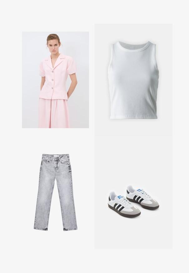 Světle růžový střižený blejzr s krátkými balónovými rukávy, vyplétaným límcem, stříbrnými knoflíky a bočními kapsami, doplněný o odpovídající kalhoty.; Bílý žebrovaný tílko s kulatým výstřihem a bezramínkovým designem, s rovnými lemy a hladkou, elastickou strukturou.; Šedé džíny z denimu se střihy rovnými nohavicemi, s poškozenou úpravou, pěti kapsami a měděnými nýtky. Pasová část obsahuje logo štítek.; Sportovní boty s bílým koženým svrškem, šedou semišovou špičkou a třemi černými pruhy. Obsahují modré logo na jazyku a texturovanou gumovou podrážku.