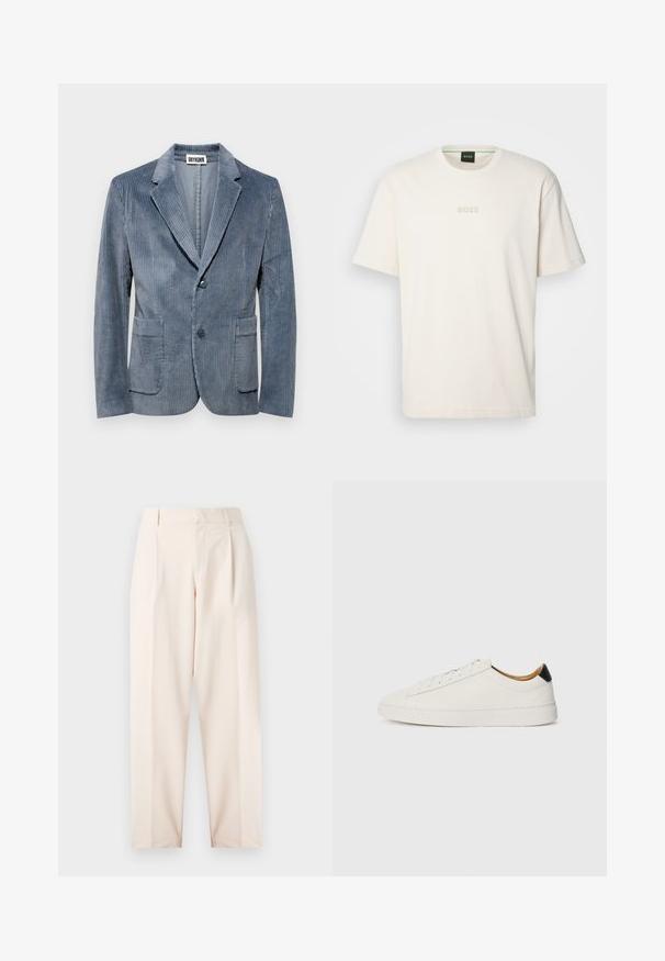 DRYKORN MARLS - Bleiserjakk - blue; BOSS TEE - Lihtne T-särk - open white; Beežid kohandatud püksid kõrge talje, voltide ja sirge jala disainiga. Valmistatud siledast kangast, küljetaskudega ja puhta viimistlusega.; Valge sneaker, millel on sile nahk pealis, ümmargune varvas ja lame tald. Must aktsent kandadel, ton-sümpaatne paeltega ja minimaalne bränding.