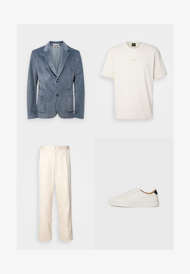 DRYKORN MARLS - Blazer jacket - blue; BOSS TEE - Basic T-shirt - open white; Beige cotton trousers with a straight-leg cut, featuring a button closure and pleats at the front for added detail.; White sneaker with a smooth leather upper, round toe, and flat sole. Black accent at the heel, featuring tonal laces and minimal branding.