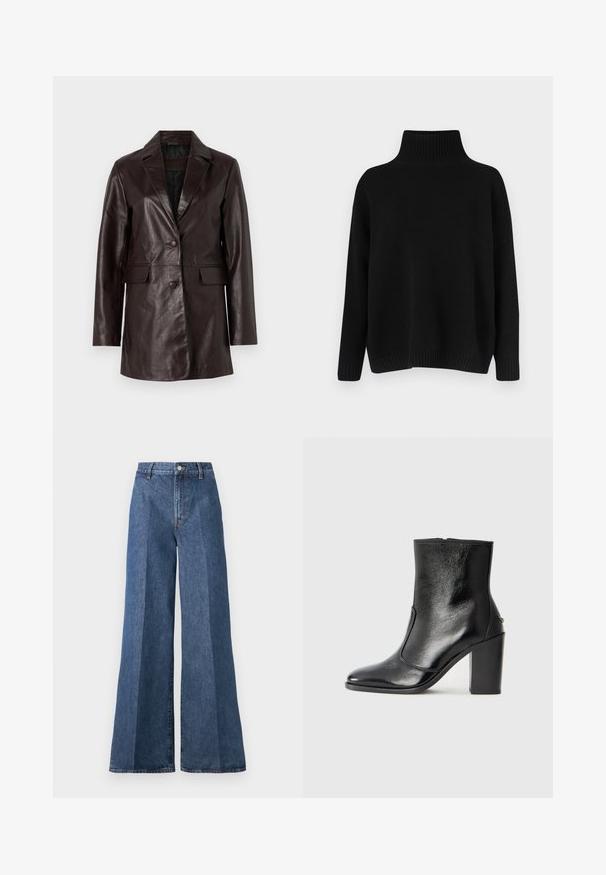 Ruda odinė švarkas su vieno mygtuko užsegimu, įpjovomis apykaklėmis, šoninėmis kišenėmis ir lygiu paviršiumi. Tinkamas pagal figūrą, ilgomis rankovėmis.; Juodas megztinis megztas, su aukštu ribuotu apykakliu, nuleistais pečiais ir laisvo silueto. Turi ribotas rankogalius ir apačią, suteikiančias tekstūros.; Plačiai kirptos mėlynos džinsinės kelnės su aukštu liemeniu, su klasikinėmis penkių kišenių detalėmis ir sagos užsegimu, pagamintos iš tekstūruotos medvilnės audinio.; Juodas odinis kulkšninis batas su lygiu paviršiumi, smailiu pirštu ir masyviu aukštu kulnu. Savybė - šoninis atidarymas ir minimalistiškas dizainas.