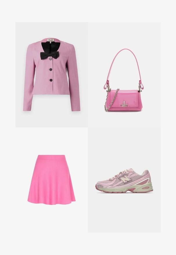Růžová zkrácená bunda s dlouhými rukávy, černou mašlí na límci a třemi černými knoflíky. Hladká tkanina s přiléhavým střihem.; Svetle šedý svetr s vysokým límcem, dlouhými rukávy a volným střihem. Vyrobeno z texturované pleteniny s jemnými barevnými variacemi.; Růžová pletená sukně s přiléhavým pasem a rozšířeným designem, vyrobená z měkké látky, která dodává hladkou texturu.; Růžové a béžové tenisky New Balance 740 s vrchní částí z polyesteru a syntetiky, se šněrováním a polstrovanou podrážkou zobrazené z boku.; Růžová lakovaná kabelka obdélníkového tvaru, odnímatelný řetízkový popruh a stříbrné kovové detaily na přední straně.