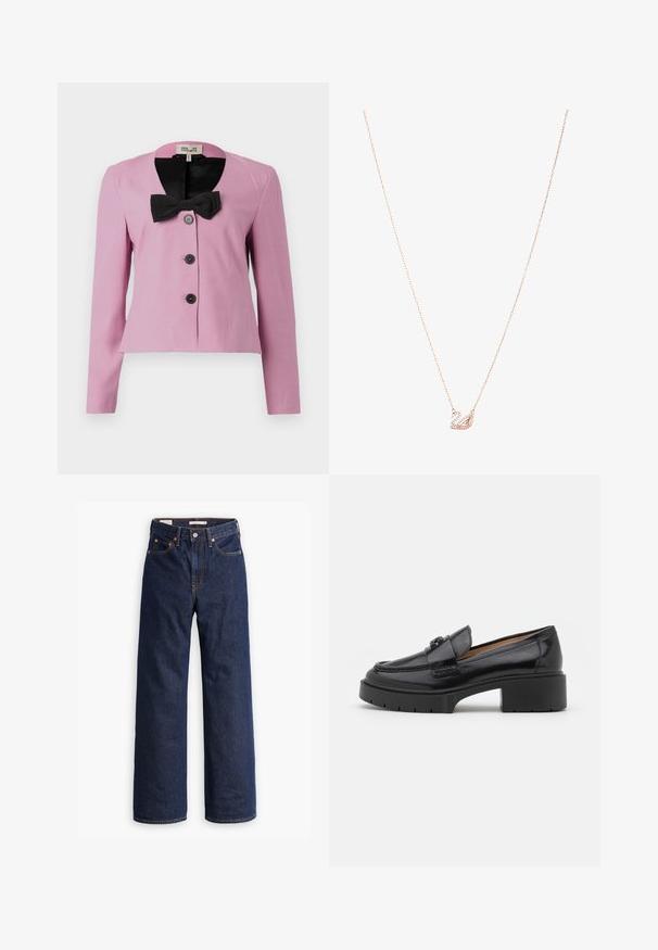 Casaco rosa cropped com mangas longas, detalhe de laço preto no colarinho e três botões pretos. Tecido suave com um corte ajustado.; Blusa azul clara feita de tecido brilhante, com colarinho clássico, frente com botões, mangas bufantes e uma bainha em camadas com volantes.; Jeans de ganga azul-escuro de perna reta com cinco bolsos, costuras laranja e fecho de botão.; Mocassim de couro preto com um salto baixo, bico arredondado, fita decorativa e detalhe de costura texturizada na parte superior. Acabamento suave.; Colar em ouro rosa com um pendente de cisne, embelezado com cristais transparentes. A corrente apresenta um design de elos delicado.