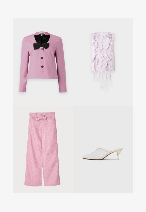 Roosa lühike jakk pikkade varrukatega, musta sõlmiga kaeluses ja kolme musta nööbiga. Sile kangas, millel on vormitud sobivus.; Lilla ilma varrukatega topp, millel on tekstuuriga kangas ja volditud detailid, mis langevad ette ja külgedele. Velcro sulgemine seljaosas.; Roosa, laiad püksid sujuva, tekstureeritud viimistlusega. Omab vööd ja esikülje lõhesid allääres.; Valge võrkmaterjalist teravatoa mulli king, millel on peen keskmise kõrgusega konts ja libisev disain, tühjal taustal.