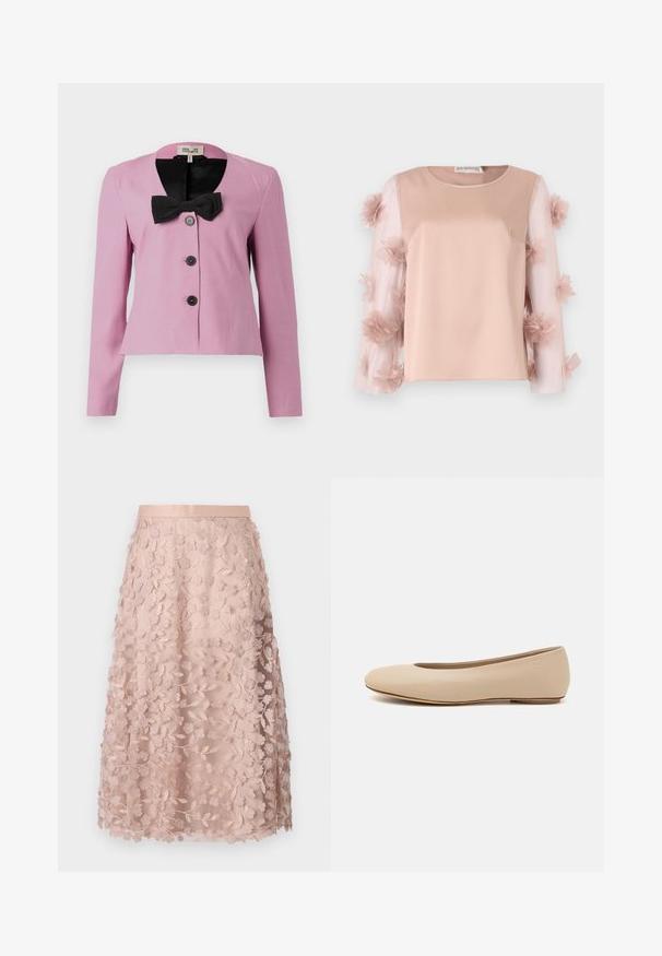 Vaaleanpunainen lyhyt takki pitkillä hihoilla, musta nauhaviimeistely kauluksessa ja kolme mustaa nappia. Silkkinen kangas, joka on muotoiltu istuvaksi.; Vaaleanpunainen paita, jossa on kiinteä satiininen vartalo. Läsnäolevat hihat ovat koristeltu ripotelluilla kangaskukilla, jotka tuovat rakennetta ja yksityiskohtia. Pyöreä kaula-aukko.; Pitkä pitsihame pehmeässä vaaleanpunaisessa sävyssä, jossa on kukkakirjontaa. Hameessa on tiukka vyötärö ja kerroksellinen muotoilu, mikä korostaa herkkää pintarakennetta.; Beige nahkara ballet flat dengan ujung bulat, detail jahitan minimal, hak rendah, dan logo halus di bagian belakang. Tekstur halus dan matte.