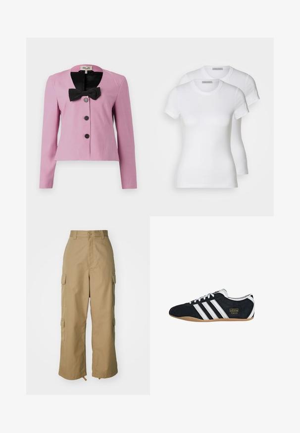 Růžová zkrácená bunda s dlouhými rukávy, černou mašlí na límci a třemi černými knoflíky. Hladká tkanina s přiléhavým střihem.; Dvě bílé bavlněné trička s krátkým rukávem, kulatým výstřihem a přiléhavým střihem, s hladkou texturou a minimalistickým designem.; Béžové cargo kalhoty s vysokým pasem, širokými nohavicemi a čtyřmi velkými bočními kapsami. Vyrobené z odolné tkaniny s hladkým povrchem a minimálními detaily.; Černé semišové tenisky s bílými třemi pruhy, zlatým logem a hnědou gumovou podrážkou. Mají nízkoprofilový design se šněrováním.