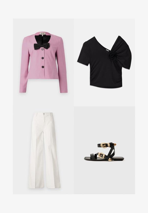 Ružičasta kratak jakna s dugim rukavima, crni mašni detalj na ovratniku i tri crna gumba. Glatka tkanina s prilagođenim krojem.; Crni majica kratkih rukava s dubokim V-izrezom i teksturiranim cvjetnim detaljem na jednom ramenu, uz naglašen nabor na strani.; Bijele široke hlače izrađene od pamuka s glatkom teksturom. Imaju prednji gumb, patentni zatvarač i dizajn s četiri džepa.; Crne kožne sandale s zlatnim kopčama, s više trakica i ravnim đonom za nošenje s otvorenim prstima.