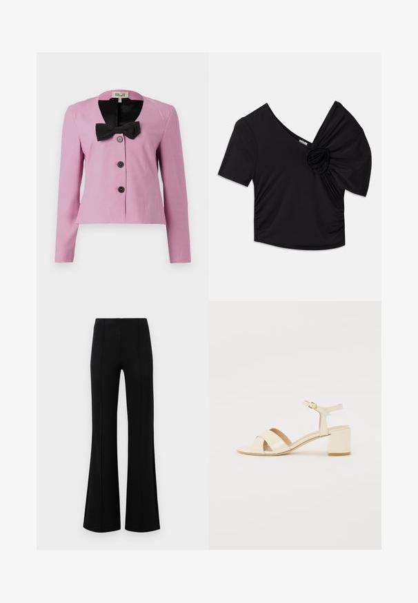 Pink cropped jacket with long sleeves, black bow detail at collar, and three black buttons. Smooth fabric with a tailored fit.; Black short-sleeve top featuring a deep V-neck and a textured floral accent on one shoulder with gathered detailing on the side.; Black flared pants with a high waist, made of stretchy fabric. Features vertical seam details on the front and a smooth texture.; Beige patent leather heeled sandals with cross strap design, open toe, adjustable ankle strap, and a block heel. Smooth texture.