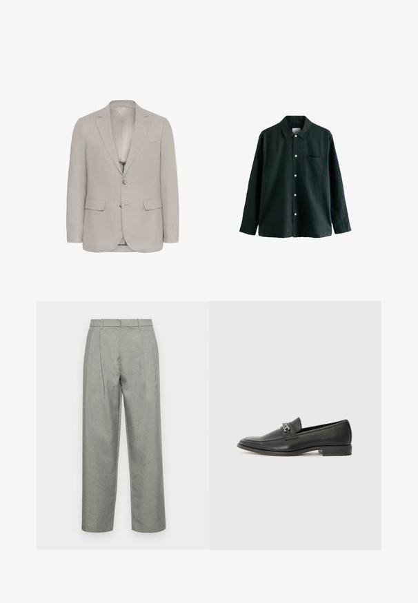 Hele hall blazer, mis on valmistatud tekstuuriga kangast, millel on lõigatud krae, kaks eesmist taskut ja kaks nööpi, ning sile sisemine vooder.; Tume roheline nööbitav särk, millel on krae, pikad varrukad ja üks rindade tasku; sisaldab valgeid nööpe ja pehmet tekstuuri.; Hallitatud hallid püksid, mis on valmistatud tekstuuriga kangast, sirge jala disainiga, ees pleekidega ning tavalise vöökohtadega, kus on vöökohad.; Must haveate nahkking punased, millel on sile viimistlus, tikitud muster ja dekoratiivne metallkett vampi üle. Tasane konts.