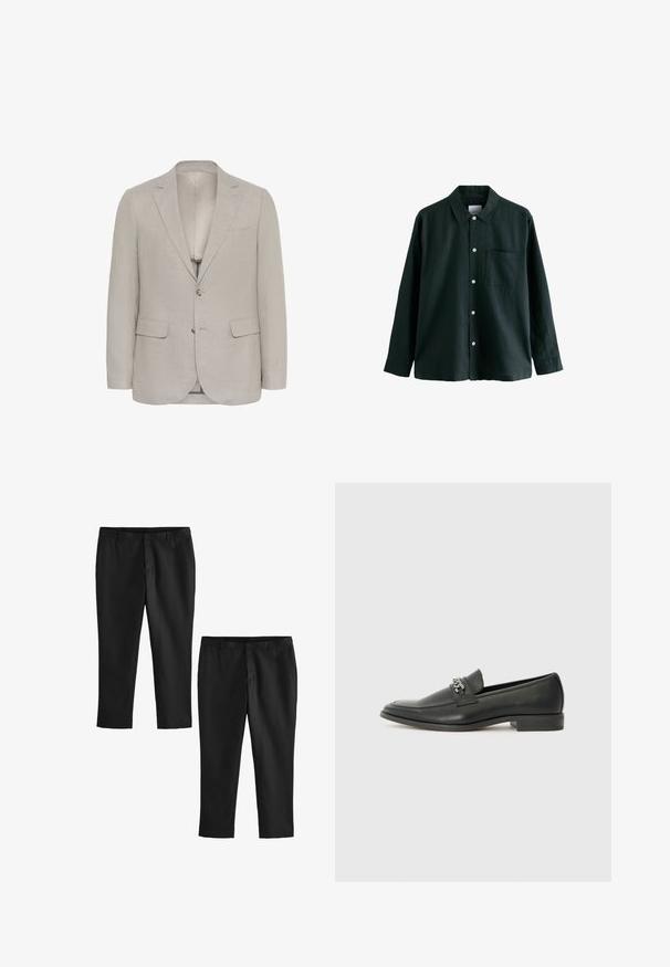 Hele hall blazer, mis on valmistatud tekstuuriga kangast, millel on lõigatud krae, kaks eesmist taskut ja kaks nööpi, ning sile sisemine vooder.; Tume roheline nööbitav särk, millel on krae, pikad varrukad ja üks rindade tasku; sisaldab valgeid nööpe ja pehmet tekstuuri.; Mustad mustad püksid siledast materjalist, sirge jala disainiga ja keskmise kõrgusega vöökoht. Näidatud on kaks paari, millest üks on lühendatud.; Must haveate nahkking punased, millel on sile viimistlus, tikitud muster ja dekoratiivne metallkett vampi üle. Tasane konts.