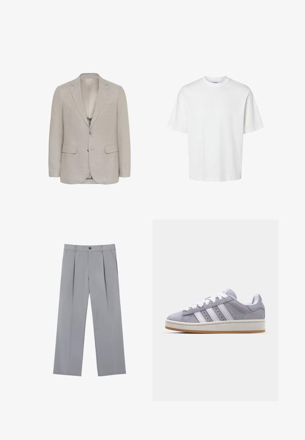 Vaaleanharmaa bleiseri, joka on valmistettu tekstuurikankaasta ja jossa on hihansuissa leikattu kaulus, kaksi etutaskua ja kaksi nappia, sekä sileä vuori.; Valkoinen puuvillapaita lyhyillä hihoilla, pyöreällä kaula-aukolta ja rentoa istuvuutta. Sujuva pinta ilman näkyviä kuvioita tai korostuksia.; Harmaat taitetut housut rentoa istuvuutta, valmistettu kevyestä kankaasta. Ominaisuuksiin kuuluvat etutaskut ja nappikiinnitys vyötäröllä.; Harmaan mokkanahkaiset lenkkarit valkoisilla raidoilla, pyöreä kärki ja kumipohja. Sivulla on reikiä ja teksturoitu kantapää.