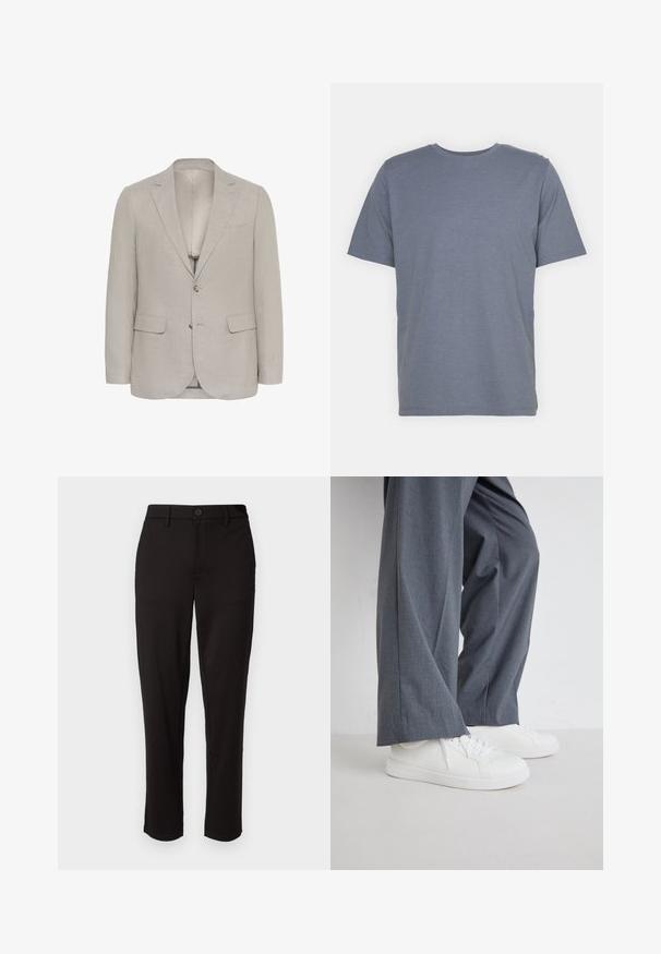 Gaiši pelēks bleizers, izgatavots no teksturēta auduma, ar izgrieztiem klapēm, divām priekšējām kabatām un diviem pogām, ar gludu iekšējo oderi.; Pelēks īsām piedurknēm T-krekls ar apaļu kakla izgriezumu, izgatavots no mīkstas kokvilnas maisījuma auduma. Vienkāršs dizains, bez rakstiem vai akcentiem.; Melnas bikses izgatavotas no viegla materiāla, ar taisnu kāju, priekšējo pogu aizdari, jostas cilpām un sānu kabatām.; Pelēki plaša kāju bikses apvienotas ar baltām tekstūrētām kedām. Kedām ir gluda zole un auklu aizdare.