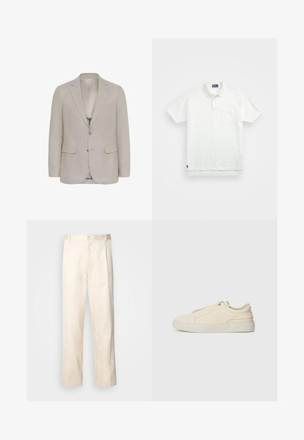 Gaiši pelēks bleizers, izgatavots no teksturēta auduma, ar izgrieztiem klapēm, divām priekšējām kabatām un diviem pogām, ar gludu iekšējo oderi.; Balta polo krekls, izgatavots no kokvilnas, ar klasisku apkakli, trīs pogu aizdari un kreisajā krūtī kabatu; neliels logo apakšmalā.; Bežā krāsā auduma bikses ar taisnu kāju griezumu, pievienotām pogu aizdares un priekšējiem krokām papildu detaļām.; Bežīga ādas kedas ar noapaļotu purngalu, minimālistisku dizainu, smalkiem stīgām un teksturētu virsmu uz gaišas zoles.