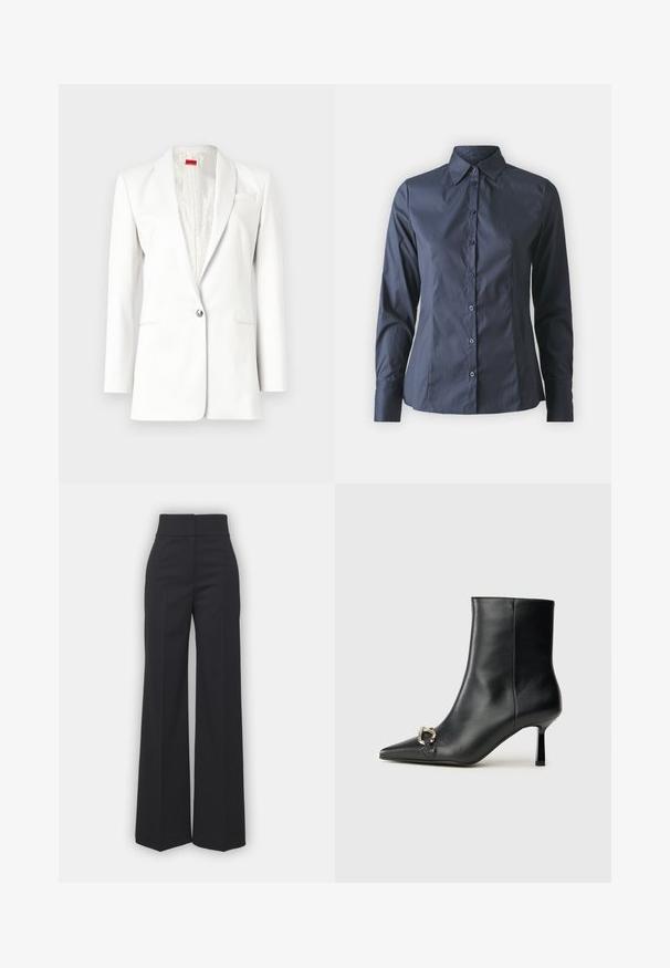Blazer bianco con chiusura a un bottone, colletto a punte e una texture sottile. Presenta un dettaglio di fazzoletto da taschino e foderato in satin.; Camicia a maniche lunghe blu navy con chiusura a bottoni, colletto a punta e vestibilità su misura. Realizzata in tessuto leggero e liscio.; Pantaloni a gamba larga in tessuto nero con vita alta, caratterizzati da una finitura pulita e una texture liscia. Nessun hardware visibile o motivi.; Stivale alla caviglia in pelle nera con punta affusolata, tacco sottile di media altezza e dettaglio in fibbia argentata sul lato, su sfondo semplice.