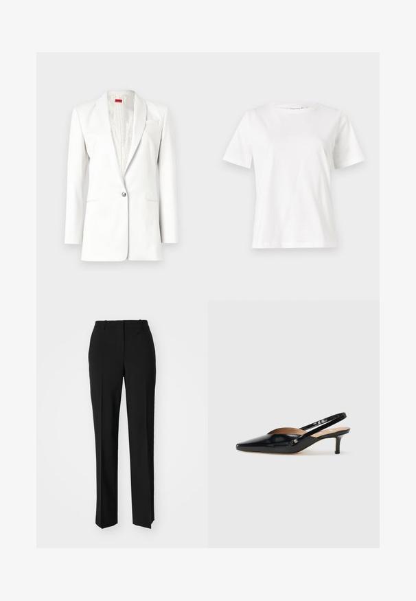 Biely blejzer so zapínaním na jedno tlačidlo, s výstrihom do tvaru V a jemnou textúrou. Obsahuje detail vreckovky a saténovú podšívku.; Biela bavlnená tričko s krátkymi rukávmi, okrúhlym výstrihom a voľným strihom. Hladká textúra, bez vzorov alebo akcentov, minimalistický dizajn.; Čierne krajčírské nohavice so strihom rovného nohu, s hladkou textúrou a ostrými skladmi pozdĺž prednej časti. Žiadne viditeľné hardvér.; Čierne lakovanej kožené lodičky so špicatou špičkou, malým opätkom a výrezom na priehlavku. Akcent zlatého kovania na boku.