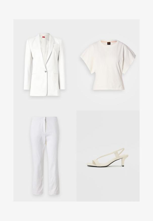 Blazer blanc avec une fermeture à bouton unique, des revers et une texture subtile. Comprend un détail de pochette et un revêtement intérieur satiné.; T-shirt blanc cintré, manches courtes et larges, en coton doux, décolleté rond avec une discrète bordure orange, design minimaliste, sans motifs ni graphiques.; Pantalons en coton blancs avec une coupe droite, dotés d'une taille mi-haute et sans matériel ou motifs visibles. Texture lisse sur l'ensemble.; Sandales beiges à talons carrés avec des fines brides et un bout carré. Matière lisse avec des détails minimaux, conçues pour un port facile.