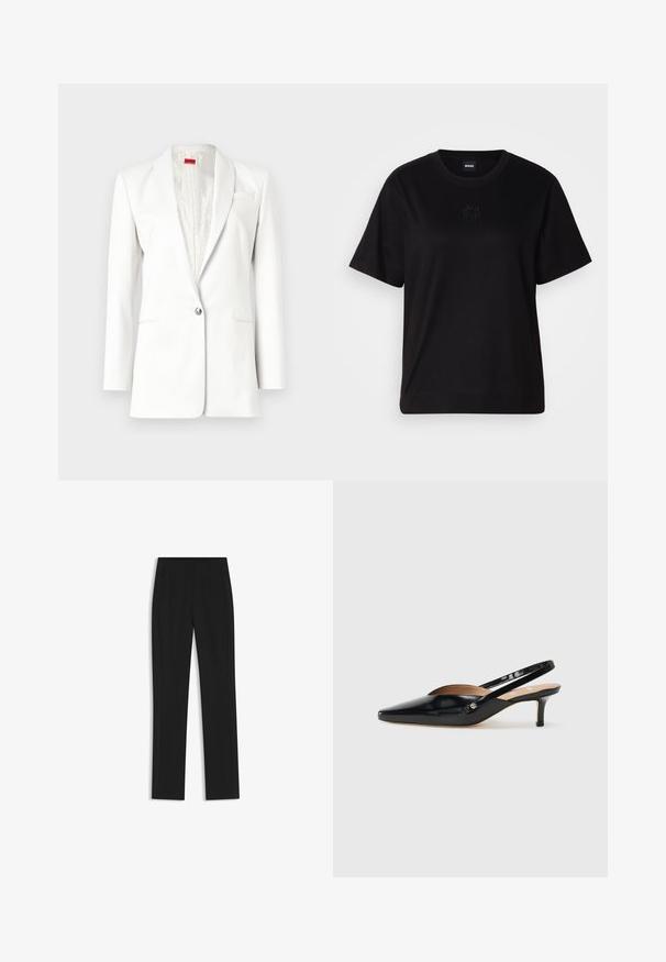 Weißer Blazer mit einer Ein-Knopf-Verschluss, Reverskragen und einer dezenten Textur. Verfügt über ein Taschentuch-Detail und ein satinähnliches Innenfutter.; Schwarzes Baumwoll-T-Shirt mit Rundhalsausschnitt, kurzen Ärmeln und aufgesticktem Logo auf der Brust. Einfacher, lässiger Schnitt ohne Muster.; Schwarze maßgeschneiderte Hose mit geradem Bein, ausgestattet mit Fronttaschen und einem glatten, strukturierten Stoff. Saubere, minimale Details.; Schwarze Lackleder Slingback-Pump mit spitzem Zehenbereich, kleinem Absatz und einem Ausschnittdesign auf dem Vorderteil. Hardware in Goldton als Akzent an der Seite.