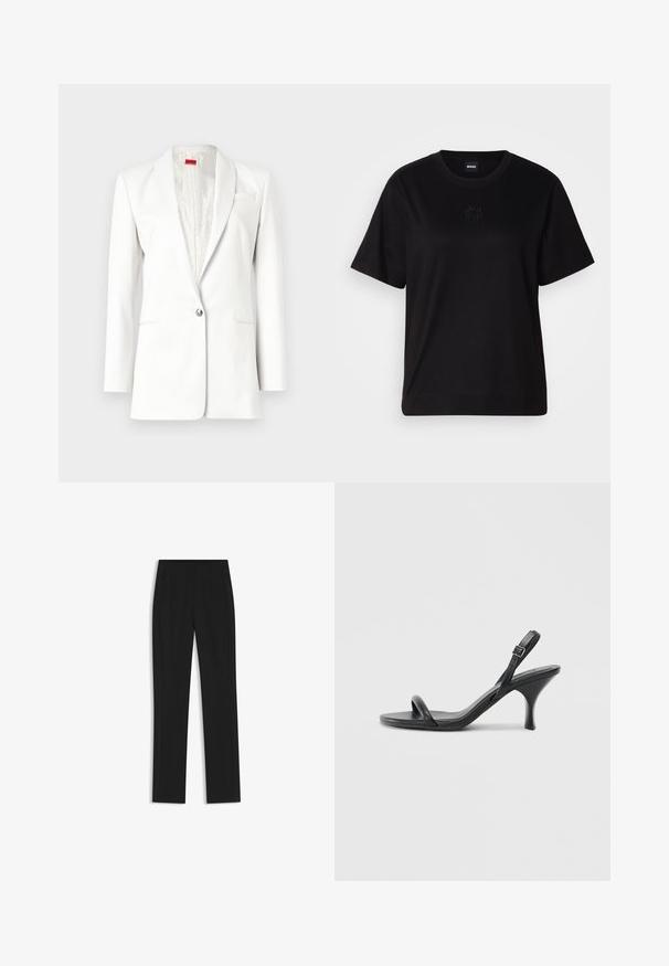White blaser with a single button closure, notched lapels, and a subtle texture. Features a pocket square detail and satin-like interior lining.; Black cotton t-shirt with a crew neckline, short sleeves, and an embroidered logo on the chest. Simple, relaxed fit with no patterns.; Black tailored trousers with a straight-leg design, featuring front pockets and a smooth, textured fabric. Neat, minimal detailing.; Black leather high-heeled sandals with a slim, curved heel and a crossed strap design. Adjustable ankle strap. Smooth texture.