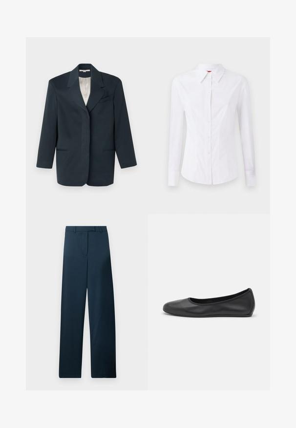 Jūras spēku bleizeris ar izgrieztu apkakli, vienu krūšu kabatu, divām priekšējām kabatām un gludu iekšējo oderi. Strukturēts piegriezums ar garām piedurknēm.; Balta garām piedurknēm krekls ar norādītu apkakli, priekšējo pogu aizdari un pieguļošu piegriezumu. Viegla kokvilnas auduma ar smalkiem šuvju akcentiem.; Tumši zilas plata kāju bikses ar gludu tekstūru, plakanu priekšu un jostas cilpiņām. Ievēro minimālistisku dizainu bez redzamām rakstu un akcentu detaļām.; Melna ādas baleta kurpe ar noapaļotu purngalu, gludu tekstūru, minimālu šuvju detalizāciju un elastīgu zoles dizainu.