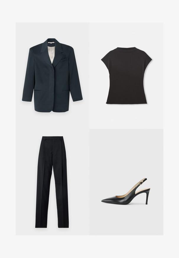 Mornarski blejzer s reverima, jednim džepom na prsima, dva prednja džepa i glatkom unutarnjom podlogom. Strukturalni kroj s dugim rukavima.; Crna majica kratkih rukava s visokim dekolteom i opuštenim krojem. Izrađena od mekog materijala s glatkom teksturom. Bez vidljivih uzoraka ili grafika.; Crne hlače od glatkog materijala s visokim strukom, širokim nogavicama, prednjim pregibima i klasičnim petljama za remen. Nema vidljivih bočnih džepova.; Crne kožne slingback visoke potpetice s šiljastim nosom, podesivim trakama i elegantnim stiletto potpeticama, s glatkom završnom obradom.