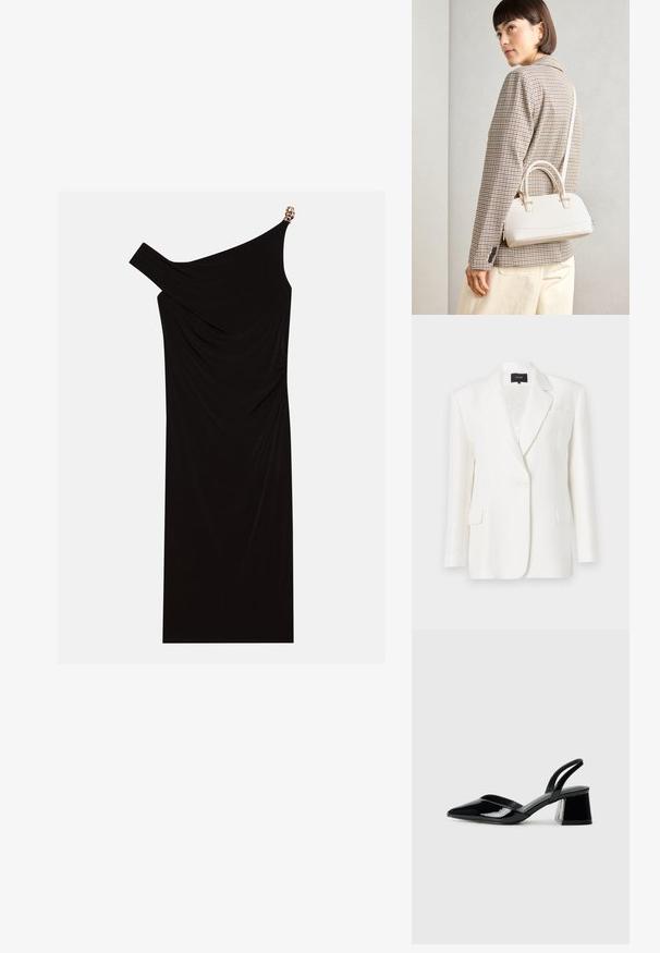 Hvidt linned blazer med skræddersyet pasform, klapkrave, enkelt knaplukning og to forlommer. Glat tekstur og minimalistisk design.; Sort en-skulder kjole lavet af draperet stof med en gylden detalje på skulderen, glat tekstur og knælangt design.; Sorte patentlæder slingback hæle med spids tå og en geometrisk blok hæl. Har et elegant, minimalistisk design og en glat tekstur.; Hvid struktureret taske med korte håndtag og en skulderrem, prydet med guldfarvede hardwaredetaljer og tekstureret materiale, præsenteret mod en grå baggrund.