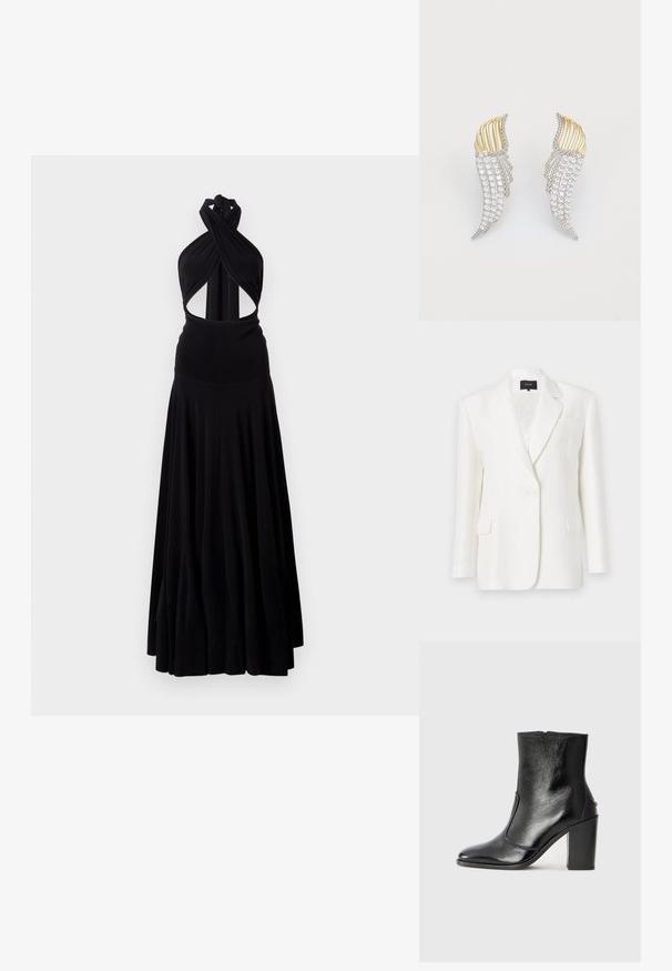Fehér vászon zakó, testre szabott fazonnal, kivágott hajtókával, egysoros gombolással és két elülső zsebbel. Simább textúrával és minimalista designnal.; Norma Kamali CONVERTIBLE GOWN - Maxi ruha - black; Fekete bőr bokacipő sima textúrával, hegyes orral és vastag, magas sarkával. Oldalnyílással és minimalista dizájnnal rendelkezik.; Fekete bőrtáska ezüstlánc pánttal, díszes szárnyakkal és fehér varrással az alsó varrat mentén.; Két szárnyformájú fülbevaló, ezüstszínű fémből, átlátszó, kerekre csiszolt strasszokkal és aranyszínű fémbetétekkel, rétegezett kialakítással.