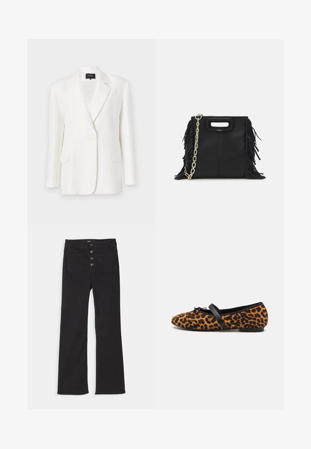 Blazer bianco in lino con una vestibilità sartoriale, rever a taglio, chiusura con un solo bottone e due tasche frontali. Texture liscia e design minimale.; Polo a coste blu navy con colletto a punta, maniche corte e due tasche frontali con bottoni a scatto; messo in risalto da dettagli in cucitura bianca.; Jeans neri in denim a zampa d'elefante con vita alta, design a cinque tasche e chiusura frontale con quattro bottoni metallici.; Ballerine in stampa leopardata con dettagli neri, caratterizzate da una punta arrotondata, una suola piatta e un fiocco decorativo sulla parte anteriore. Texture morbida.; Borsa a tracolla in pelle nera con dettagli a frangia, catena dorata e manico ritagliato. Presenta il logo sulla parte anteriore.