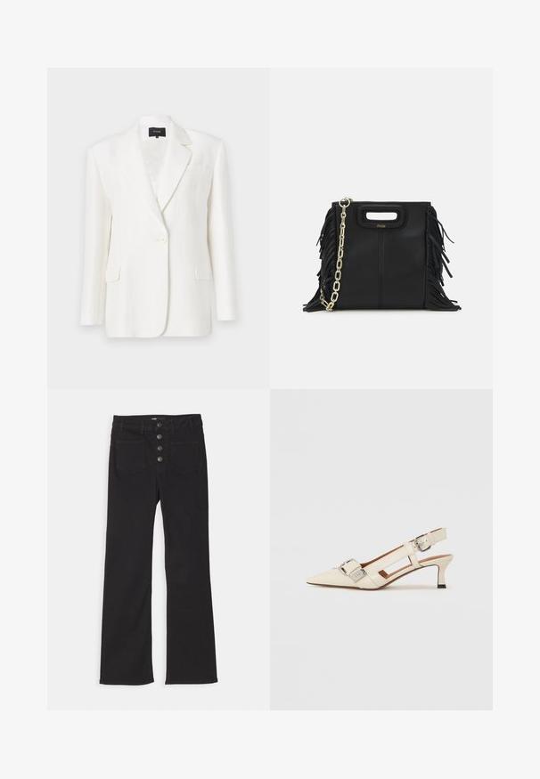 White linen blazer with a tailored fit, notched lapels, single button closure, and two front pockets. Smooth texture and minimal design.; Navy ribbed polo shirt featuring a pointed collar, short sleeves, and two front pockets with snap buttons; highlighted with white stitching accents.; Black denim flared jeans with a high waist, five-pocket design, and a front button closure featuring four metal buttons.; White leather slingback shoe with a pointed toe, small heel, and adjustable strap featuring a prominent silver buckle detail.; Black leather handbag with fringe details, gold chain shoulder strap, and a cut-out handle. Features logo placement on the front.