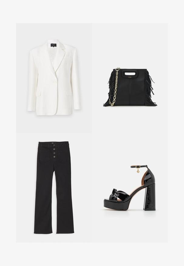 White linen blazer with a tailored fit, notched lapels, single button closure, and two front pockets. Smooth texture and minimal design.; Navy ribbed polo shirt featuring a pointed collar, short sleeves, and two front pockets with snap buttons; highlighted with white stitching accents.; Black denim flared jeans with a high waist, five-pocket design, and a front button closure featuring four metal buttons.; Maje High heeled sandals - noir; Black leather handbag with fringe details, gold chain shoulder strap, and a cut-out handle. Features logo placement on the front.