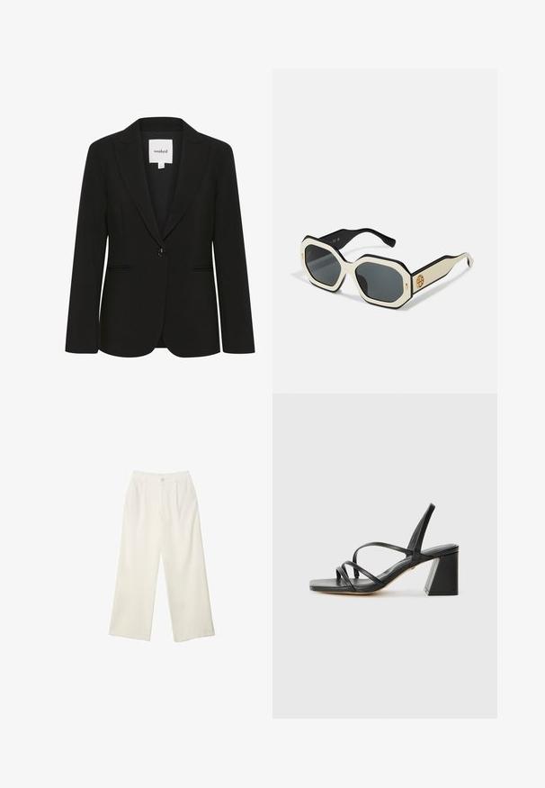 Svart skräddarsydd blazer i glättat material, med en enkel knappstängning, spetsiga slag och två framfickor.; Svart chemise med delikat spetskant längs kanterna, asymmetrisk design, justerbara axelband och slät satinliknande tyg.; Breda byxor i krämfärgad tyg med en mjuk yta, med en enda knapp fram, subtila veck och en hög midja design.; Svarta klacksandaler med fyrkantig tå, med flera tunna remmar och en geometrisk klack. Slät lädertextur och minimalistisk design.; Solglasögon med en oktagonal vit ram, svarta kanter och grå linser. Guldlogotypdetaljen på sidan ger en distinkt accent.; Vit läderhandväska med guldfärgade detaljer, utrustad med flikstängning och justerbar, avtagbar rem. Rundad metalldekoration i mitten.