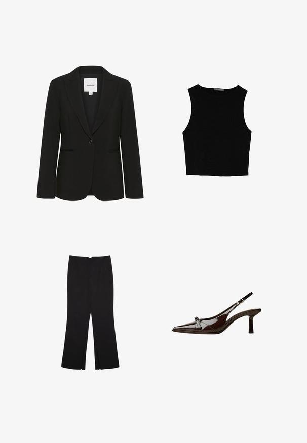 Črn blazerd z natančnimi kroji, izdelan iz gladkega materiala, z enim gumbom za zapiranje, z izrezanimi klapnicami in dvema sprednjima žepoma.; Črn brez rokavov crop top, izdelan iz gladkega materiala, z okroglim izrezom in čistim, preprostim dizajnom brez vzorcev ali dodatkov.; Črne hlače ravnega kroja z naglavnimi žepi in stranskimi razporki na robu. Narejene iz mehke, gladke tkanine. Primerne za različne priložnosti.; Rjave lakirane slingback čevlje z oglatim nosom, nizko peto in dekorativno pentljo na sprednji strani. Gladka, sijoča tekstura.